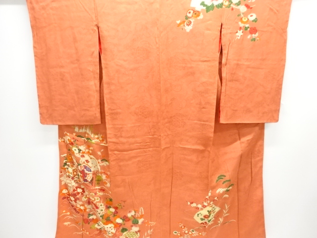 JAPANESE KIMONO / ANTIQUE KIMONO / SILK / EMBROIDERY / MON KINSHA / FLORAL PLANTS